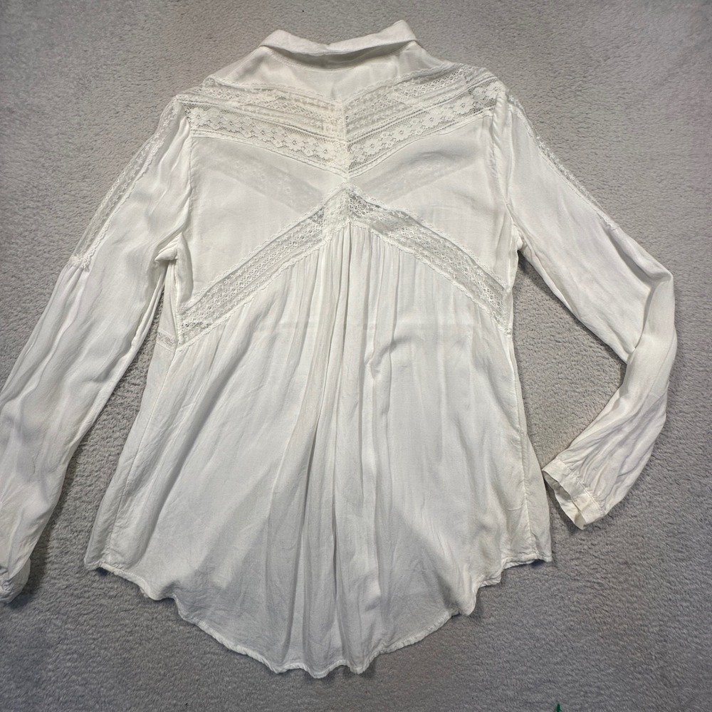 Free People Wild Wind Lace Inset Button Down Tunic Blouse Womens M Ivory Boho‎ - Picture 2 of 8